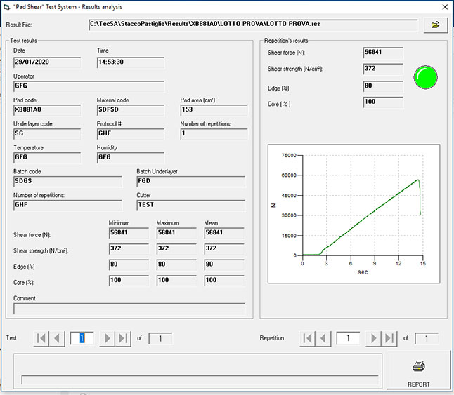 Software TecSA to test the shear strength of brake pads